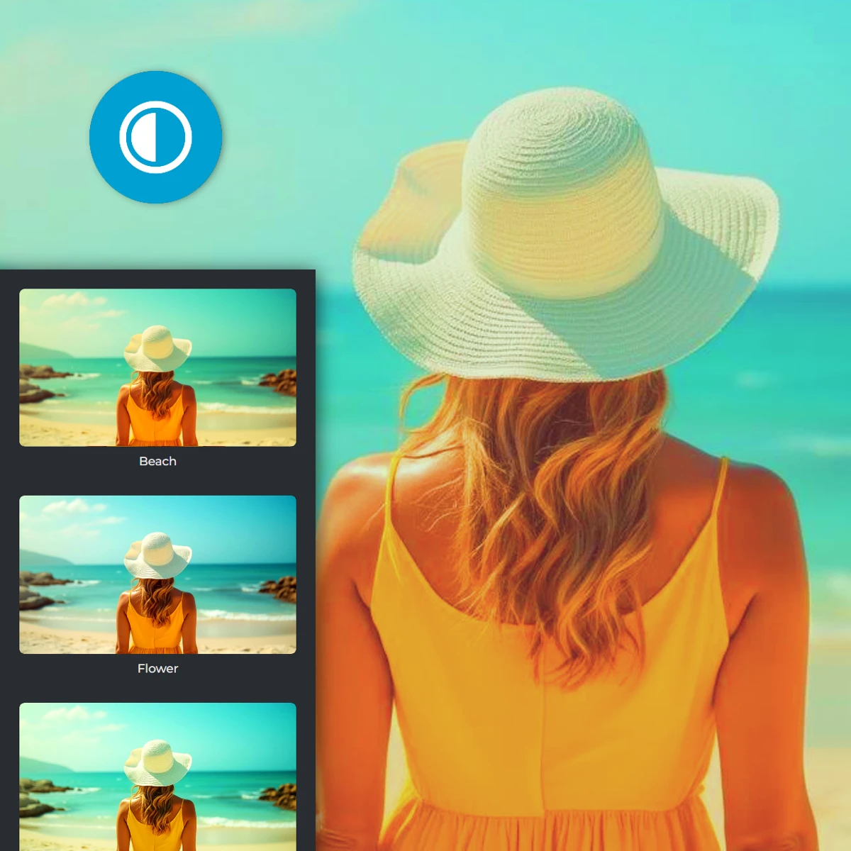 Woman in yellow dress and white hat on beach with paused image gallery icons displaying same scene.