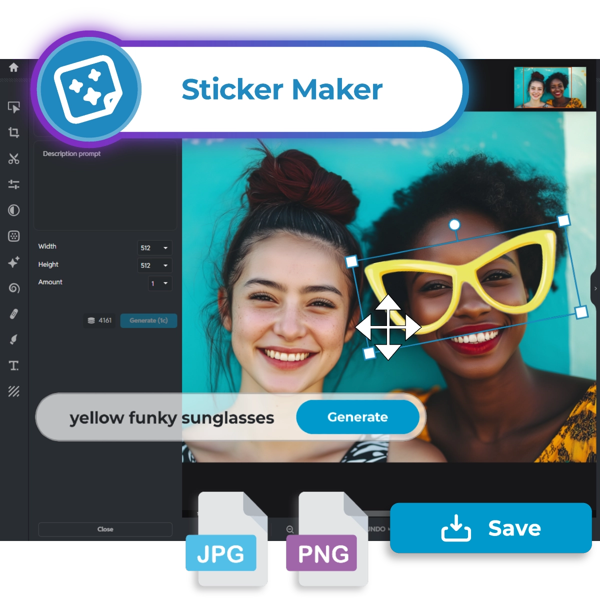 Sticker Maker interface Two smiling women Yellow funky sunglasses overlay Editing tools UI Generate button Blue background Save options JPG PNG