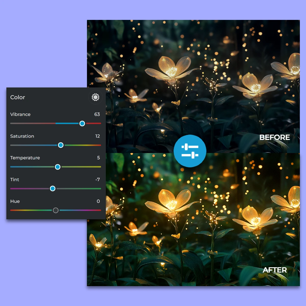 Before and after comparison of a photo edit showing enhanced color and brightness on glowing flowers.