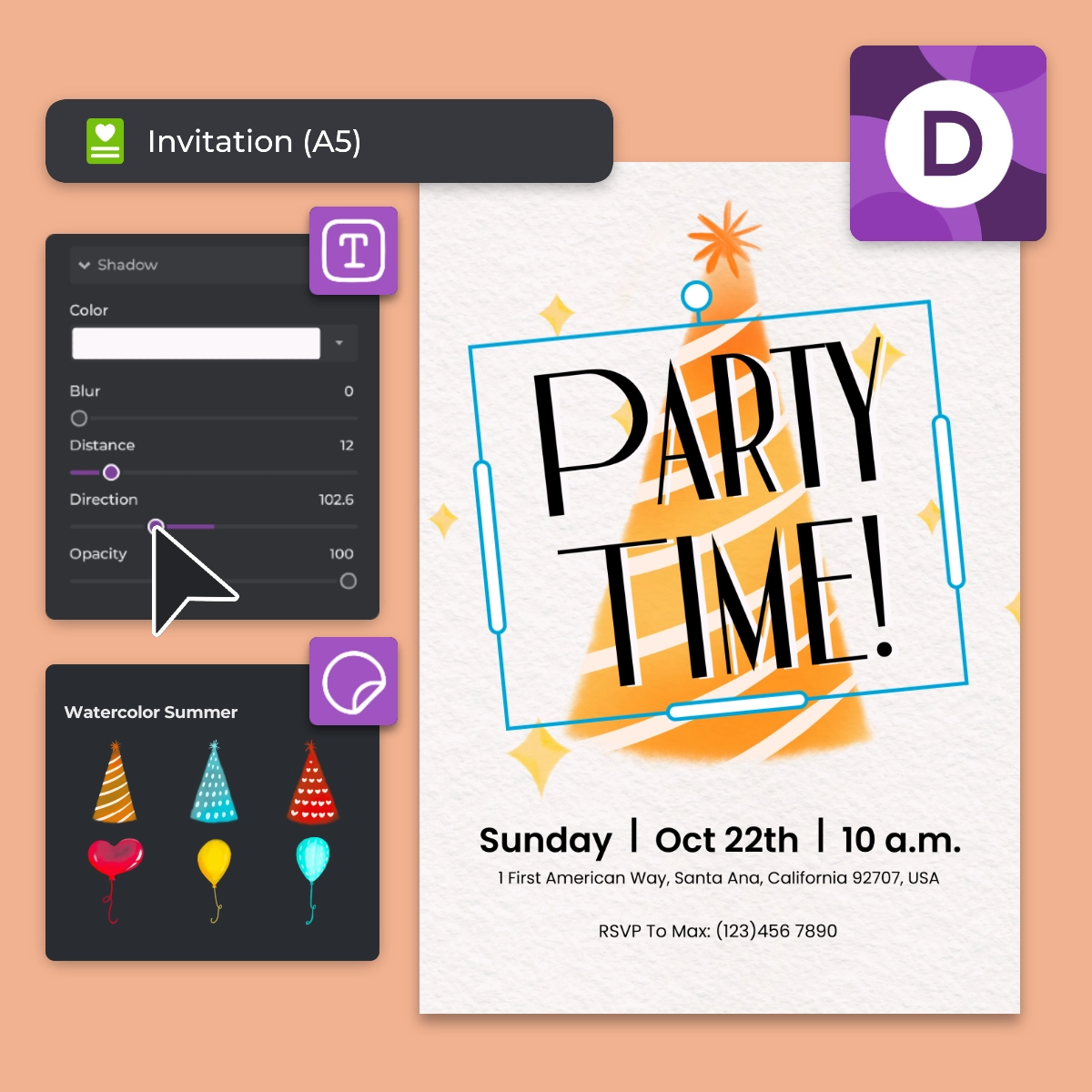 A colorful party invitation featuring a festive hat, bold 