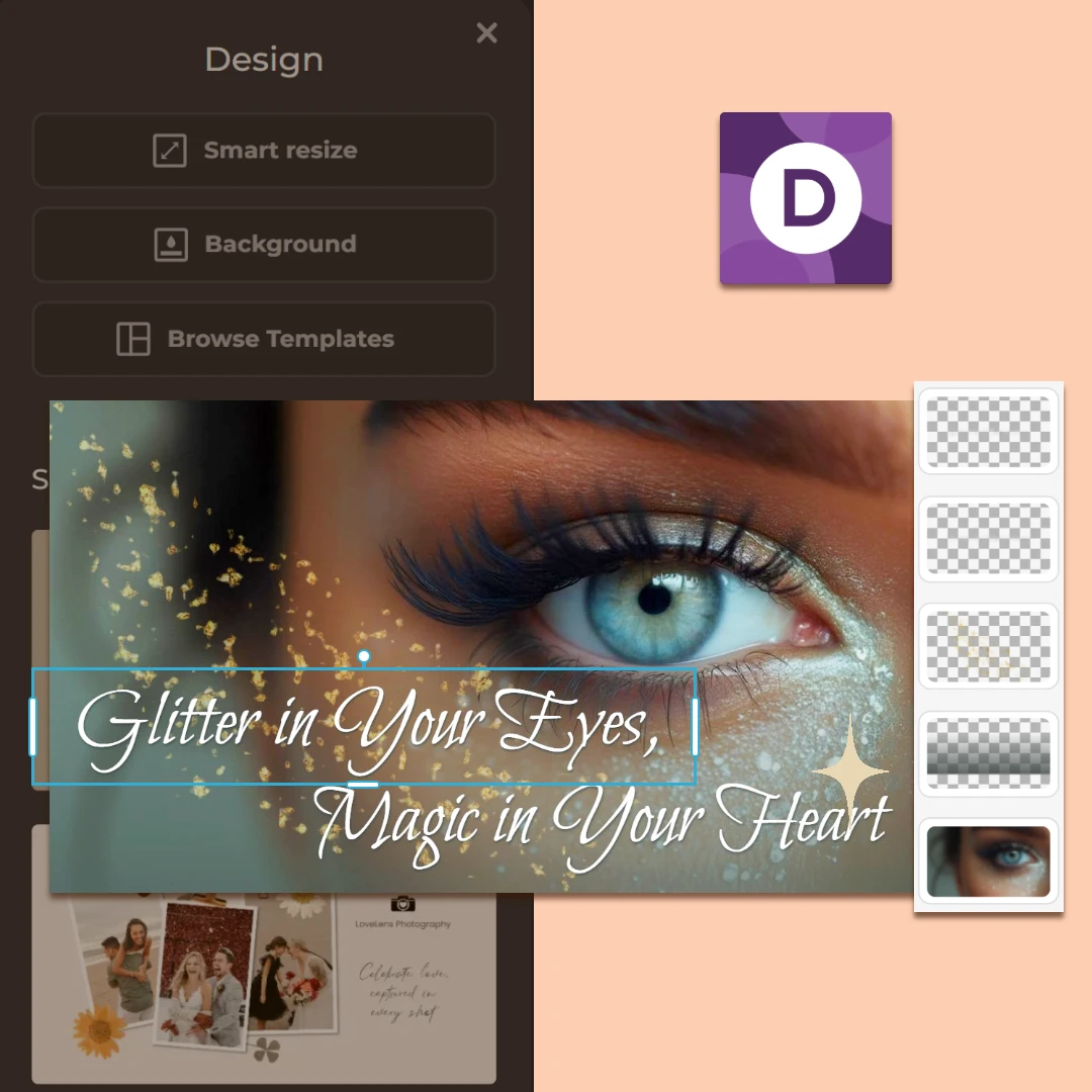 Screenshot of a graphic design app with a close-up of an eye with glitter makeup and text overlay.