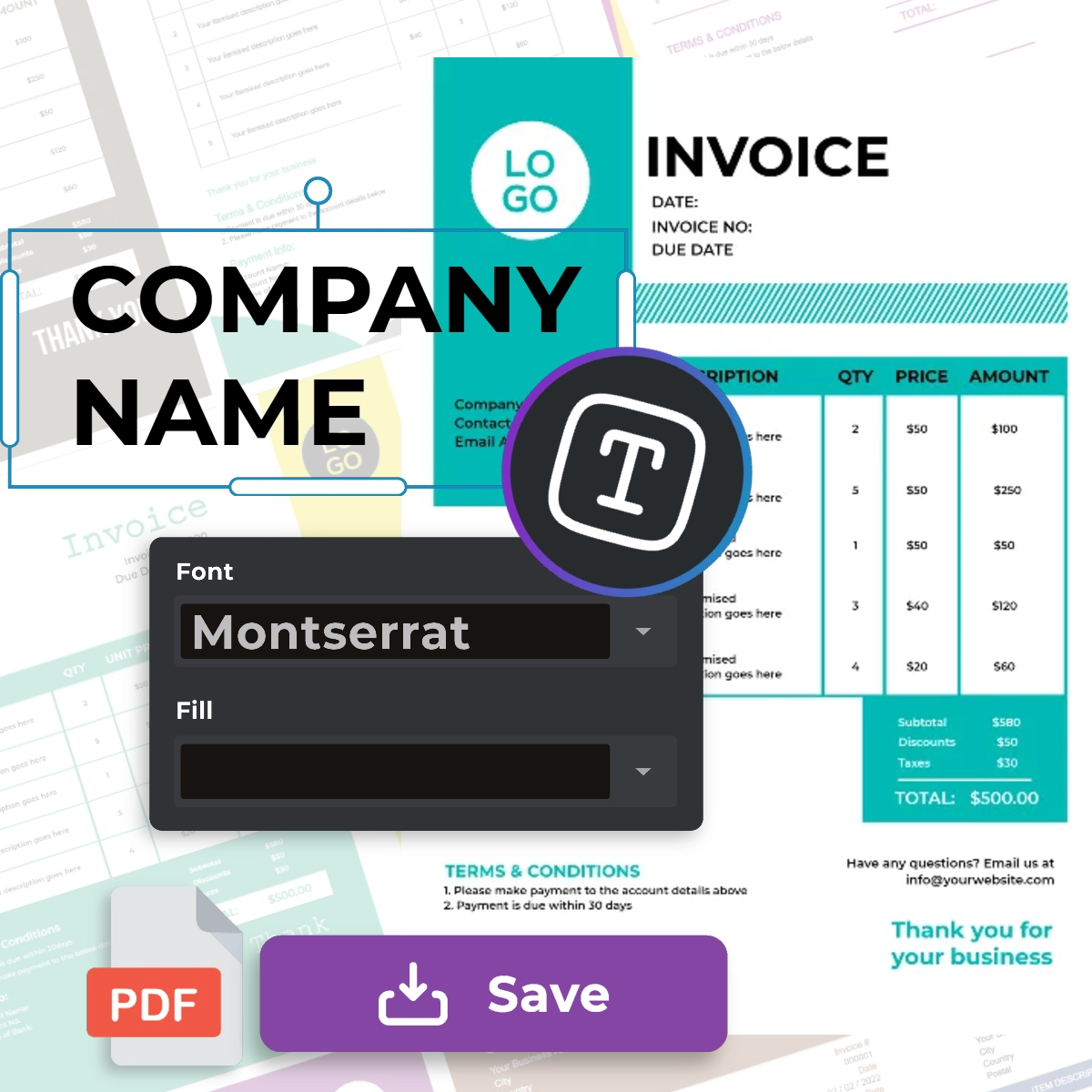 Invoice template editing interface. Multiple design elements overlapping. Company logo, itemized table, terms. Font selection menu open. Save and PDF buttons visible. Teal and purple accents.