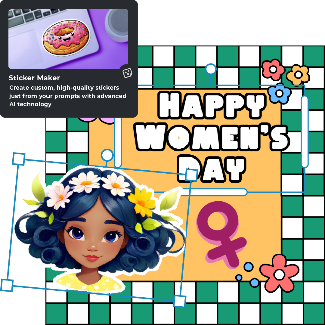 A colorful graphic celebrating Women's Day, featuring playful flowers, a female symbol, and a donut-themed sticker design.