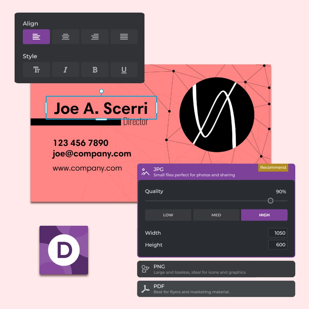 Business card design interface showing the name 