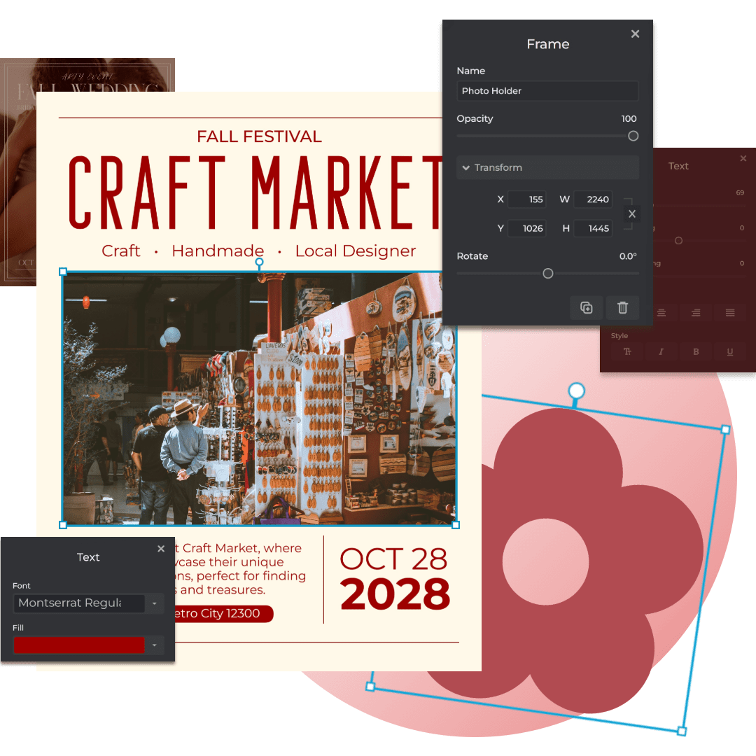 A digital flyer for a Fall Festival Craft Market, featuring handmade items, local designs, and event details on a vibrant background.