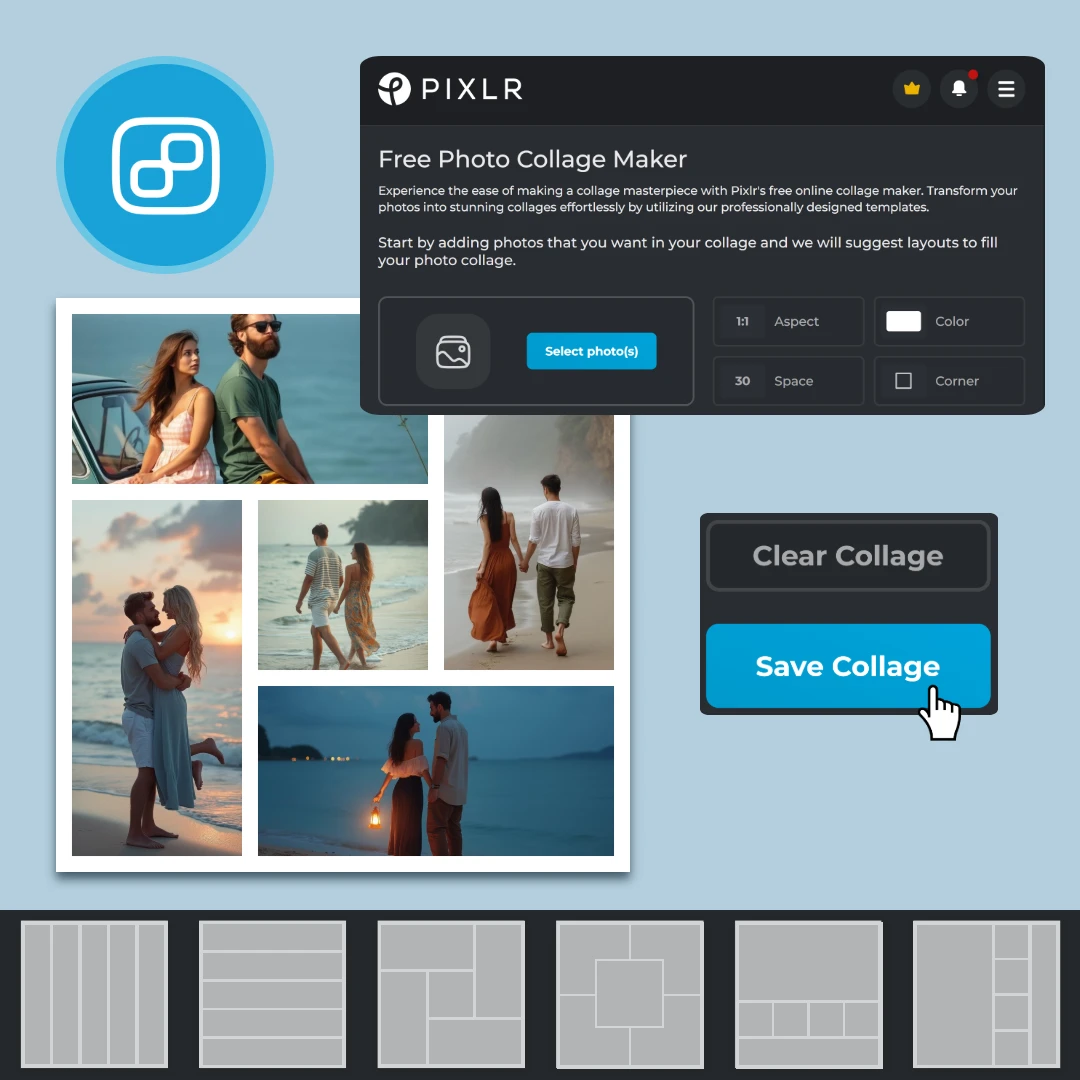 Screenshot of Pixlr's Free Photo Collage Maker interface with various templates and a 