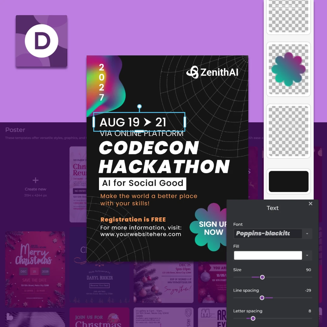 An interface showcasing a graphic design program with a poster template for a hackathon event.