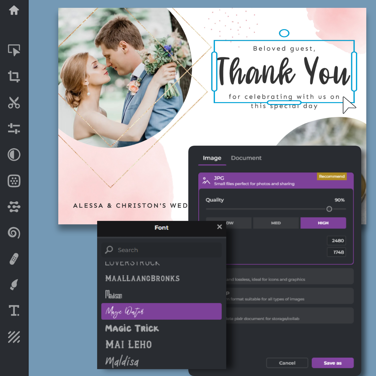 Wedding thank you card design interface. Couple photo with bride holding bouquet. Geometric frame. Text customization and image quality settings visible. Alessa and Christons wedding mentioned. Side toolbar with editing options.