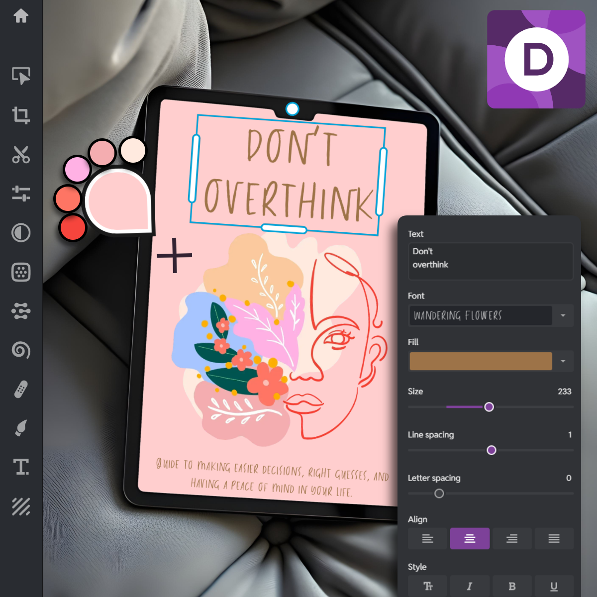 Tablet displaying pink design with 