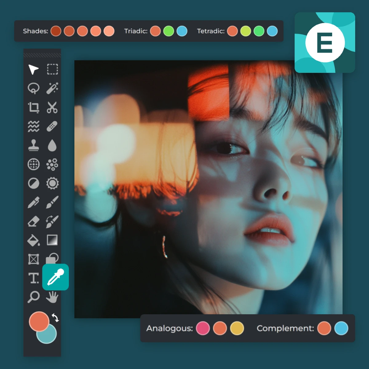 Graphic design interface with color palettes and tool icons; a blurred background image.