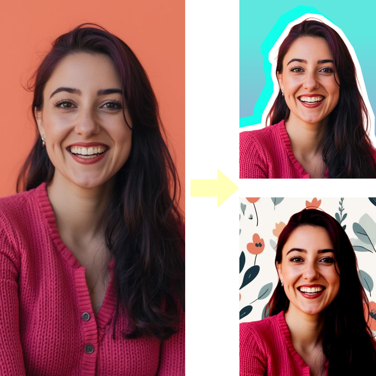 Comparison of two images showing a woman in a pink sweater with floral background transformation.