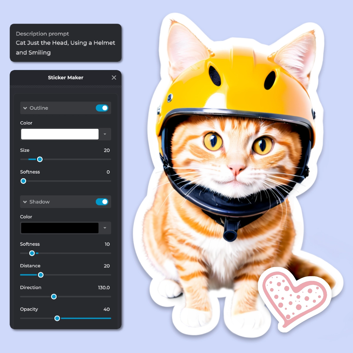 Graphic of an orange tabby cat wearing a yellow helmet with an open sticker maker app interface.