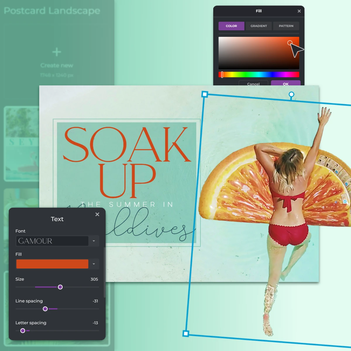 Postcard design interface Soak Up the Summer in Maldives text Woman on orange float Text and color editing tools Create new option Landscape format