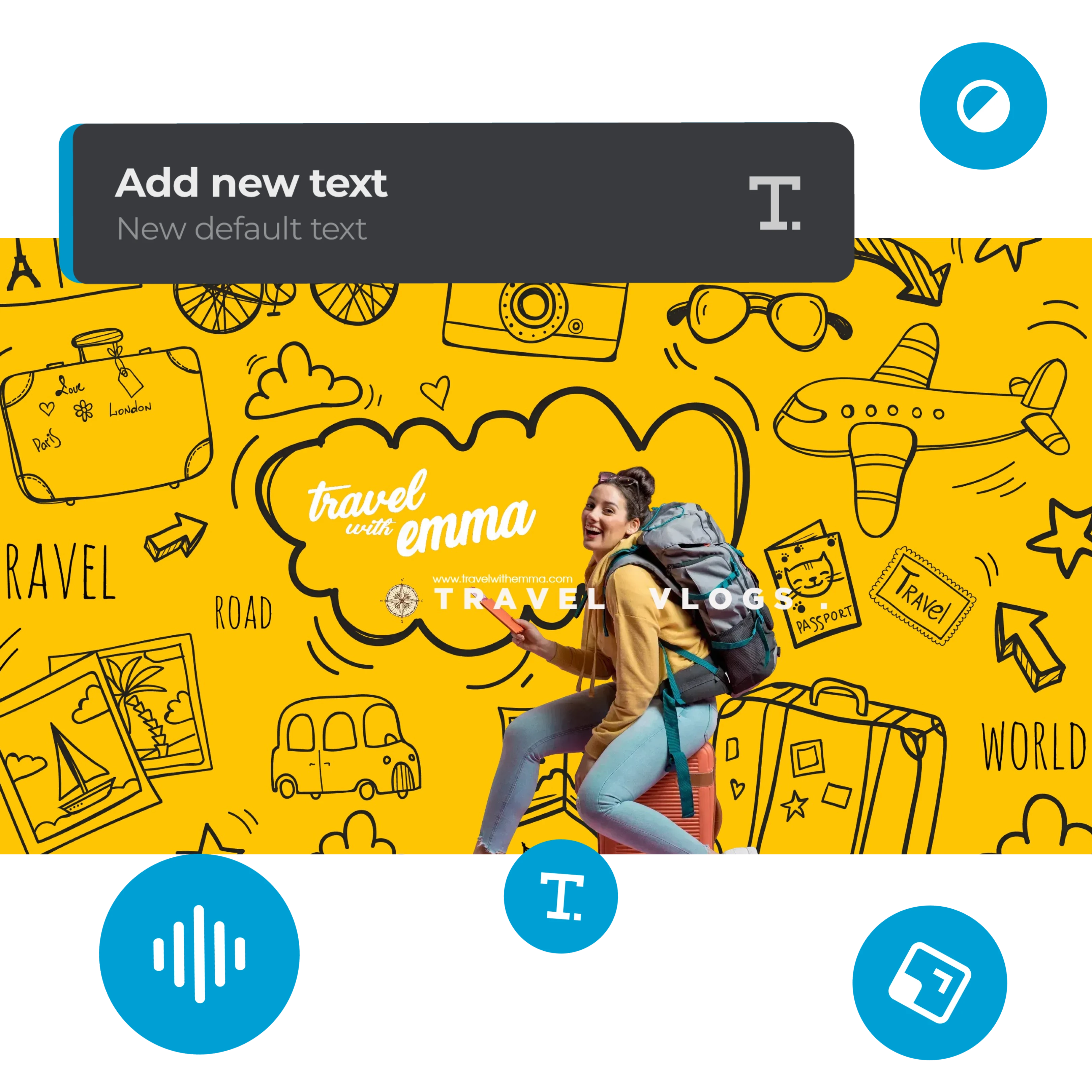 Cheerful traveler with backpack poses against vibrant yellow background featuring travel doodles Travel with Emma logo for travel vlogs website