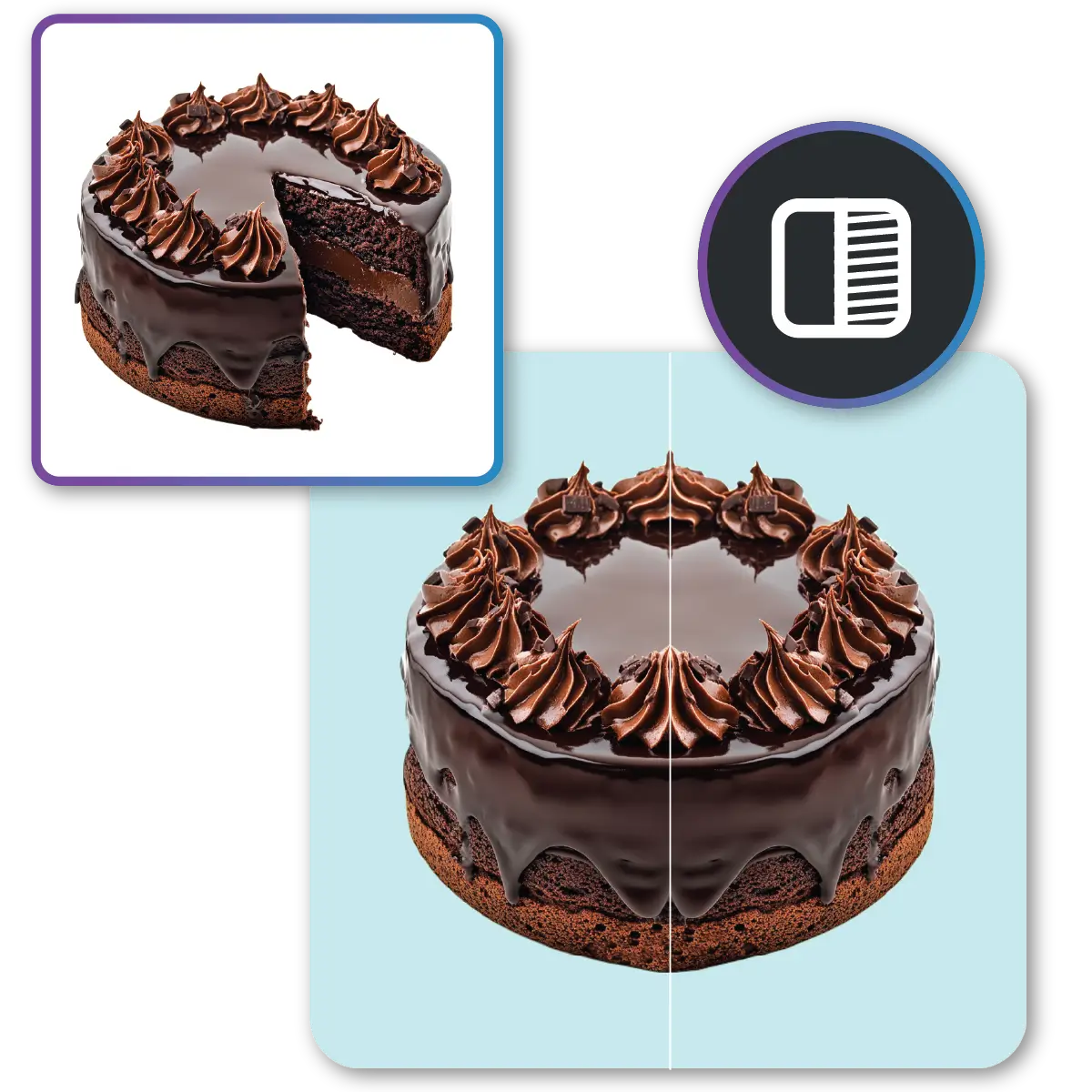 Chocolate cake with a slice removed, revealing layers, topped with ganache and swirls.