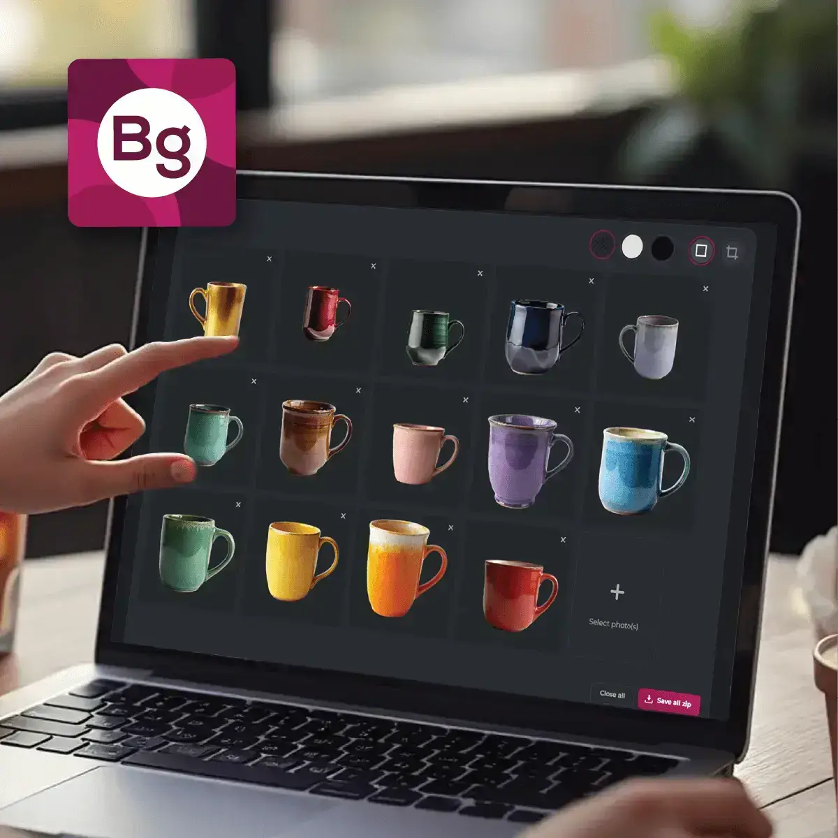 Hand selecting mug design on a laptop screen with a background eraser tool icon.