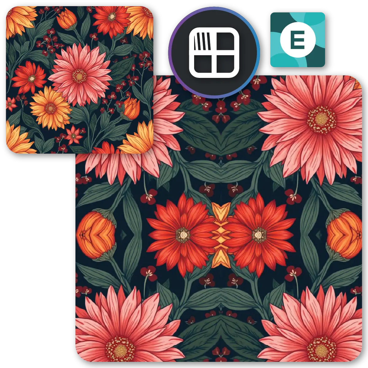 Floral pattern background with app icons overlaid on the corners.