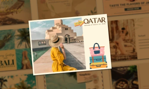 Travel postcard collage Qatar focal point Woman in yellow dress and hat Luggage icons Middle Eastern architecture Background of various destination postcards