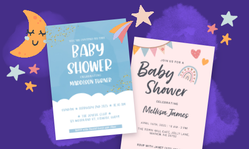 Two colorful baby shower invitations on a purple background, featuring playful designs of stars, a moon, and cheerful typography.