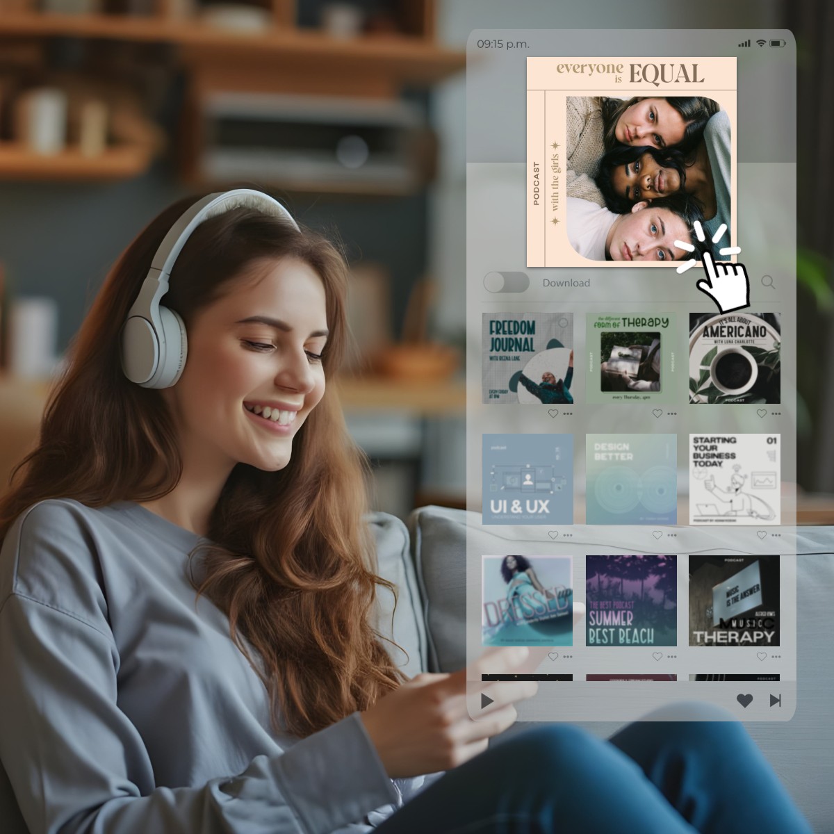 Smiling woman with headphones browsing podcasts on tablet. Screen shows 