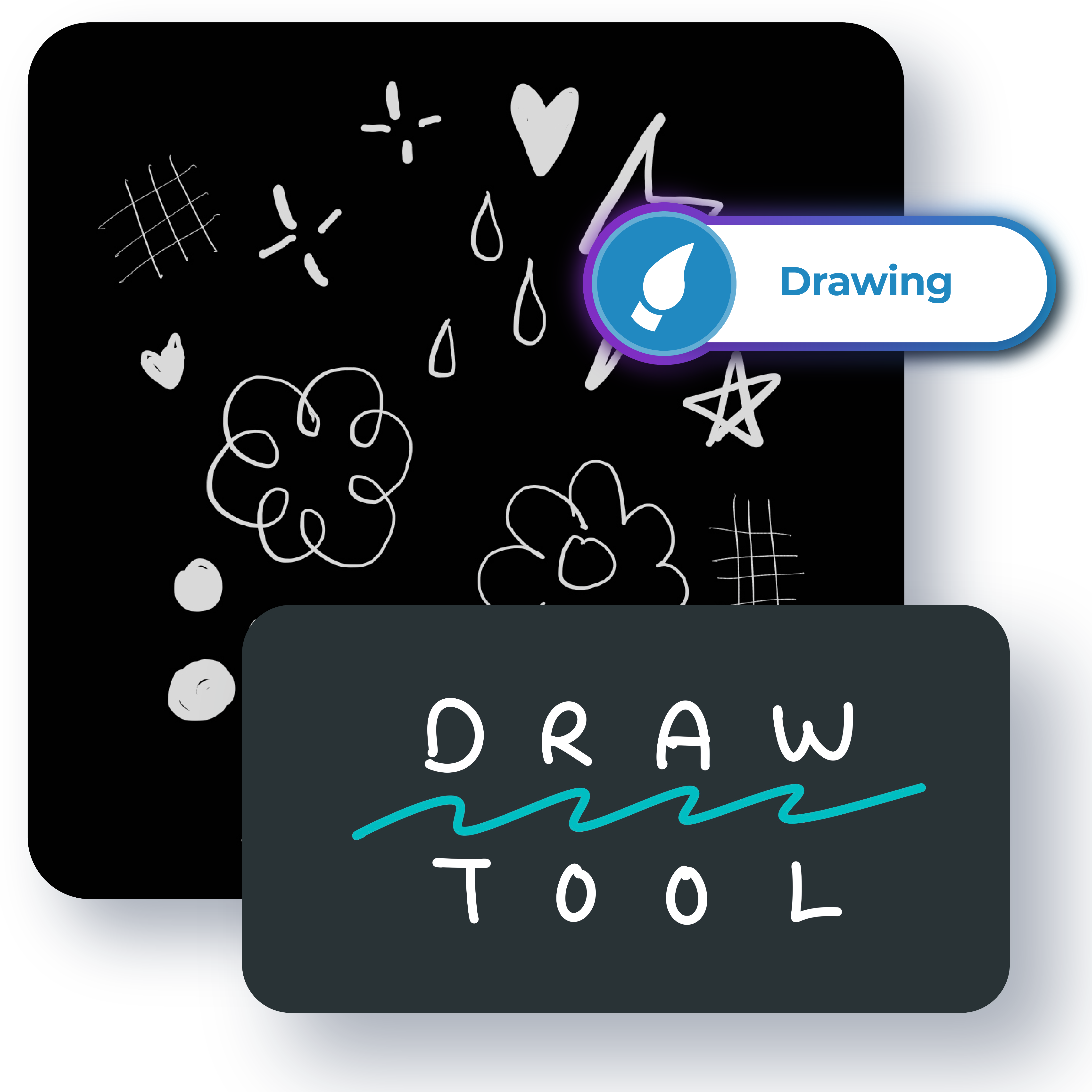 A black canvas filled with white hand-drawn doodles like stars, hearts, and flowers, demonstrating the creative possibilities of Pixlr’s Draw Tool.