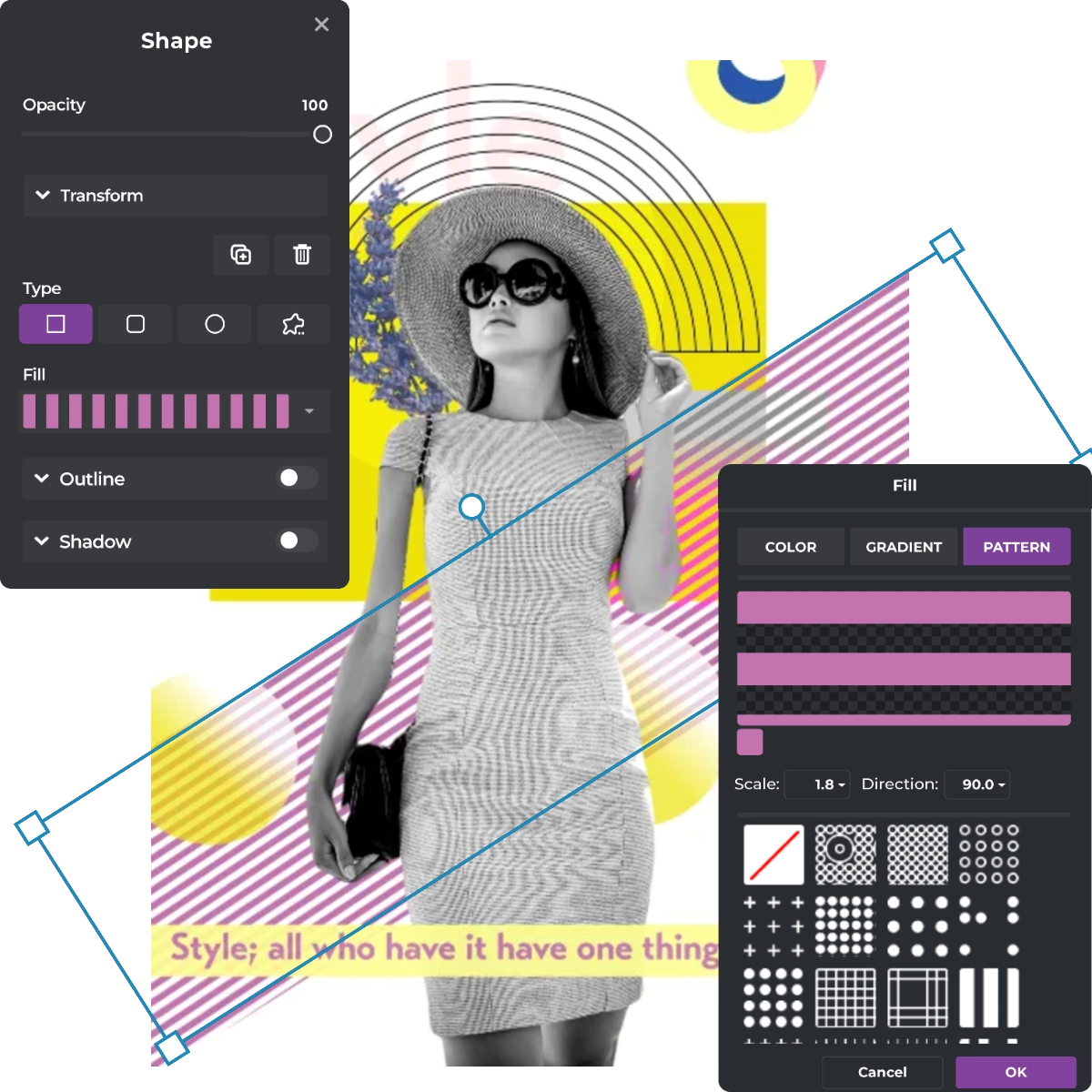 Design interface Woman in striped dress sunglasses hat Geometric shapes Yellow background Purple stripes Lavender sprig Shape editing tools Pattern options