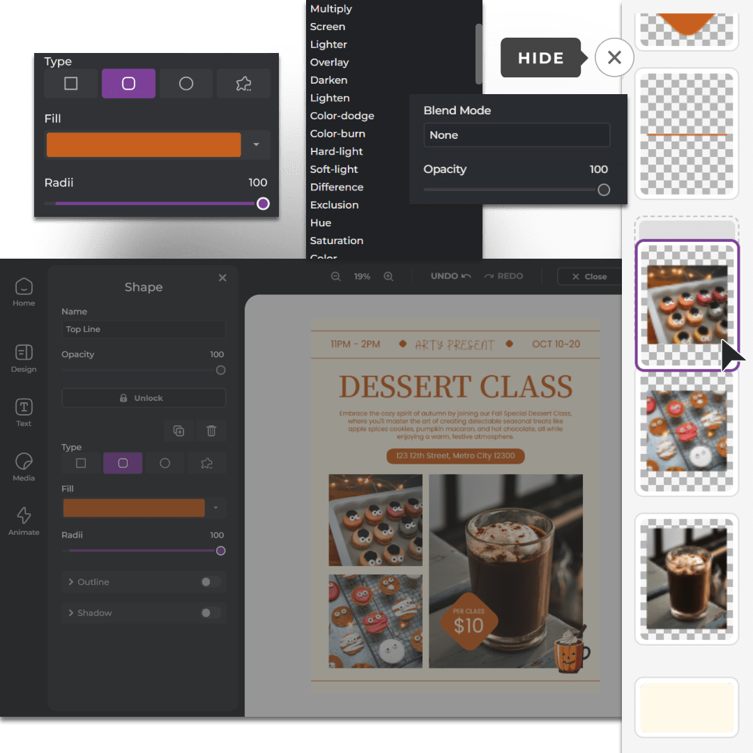 A graphic design workspace displaying options for shapes, colors, and opacity settings alongside a dessert class flyer layout.