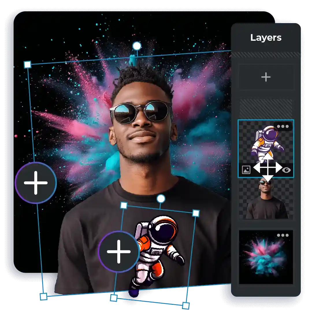 Editing interface with cosmic background and astronaut illustration on a T-shirt design.