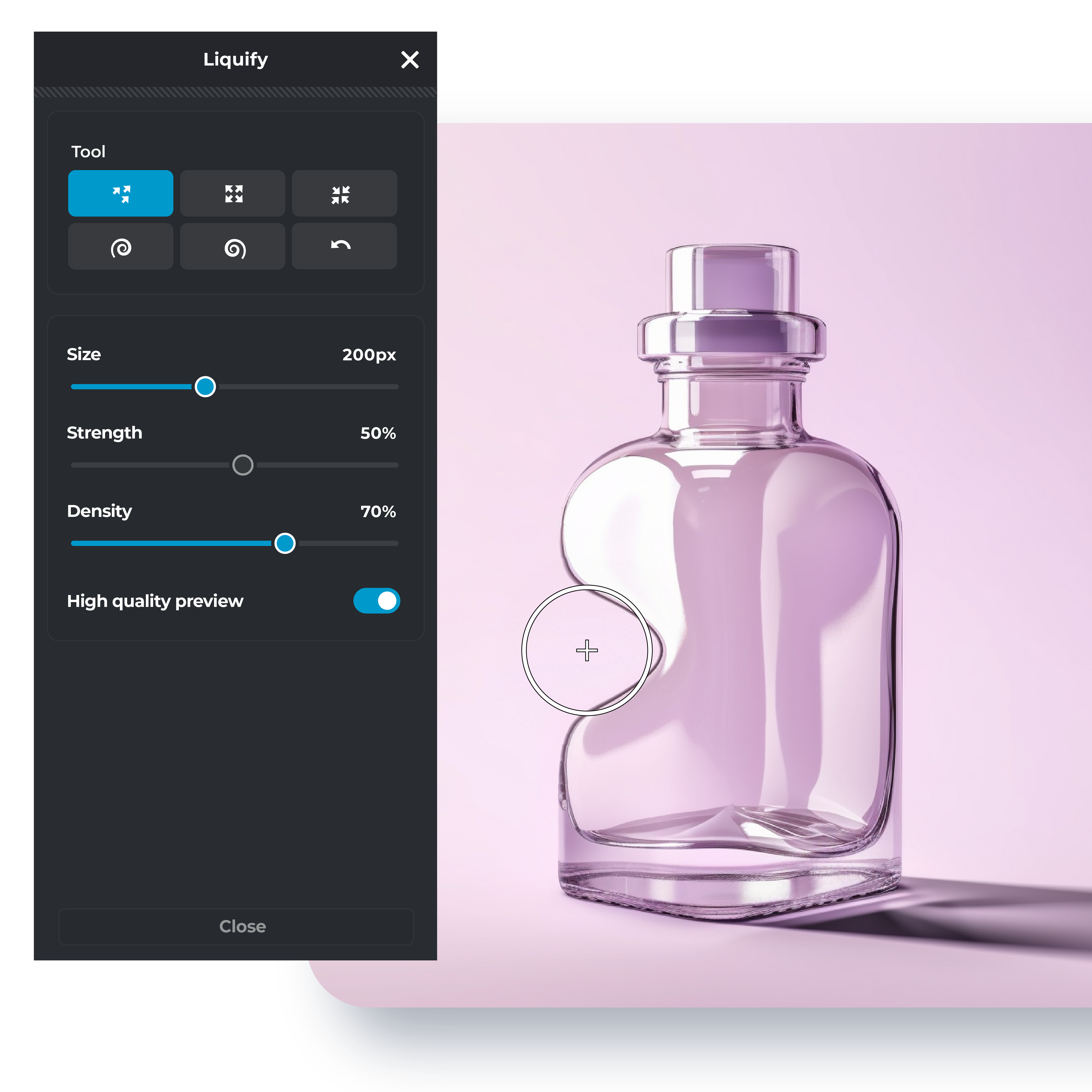 A transparent glass bottle reshaped using Pixlr’s Liquify Tool, with size, strength, and density sliders visible for precise adjustments.