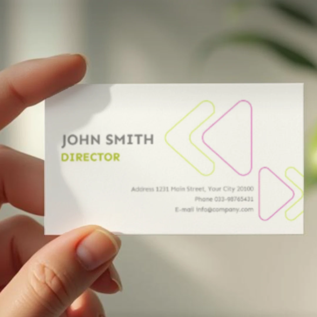 A hand holds a minimalist white business card with the text 