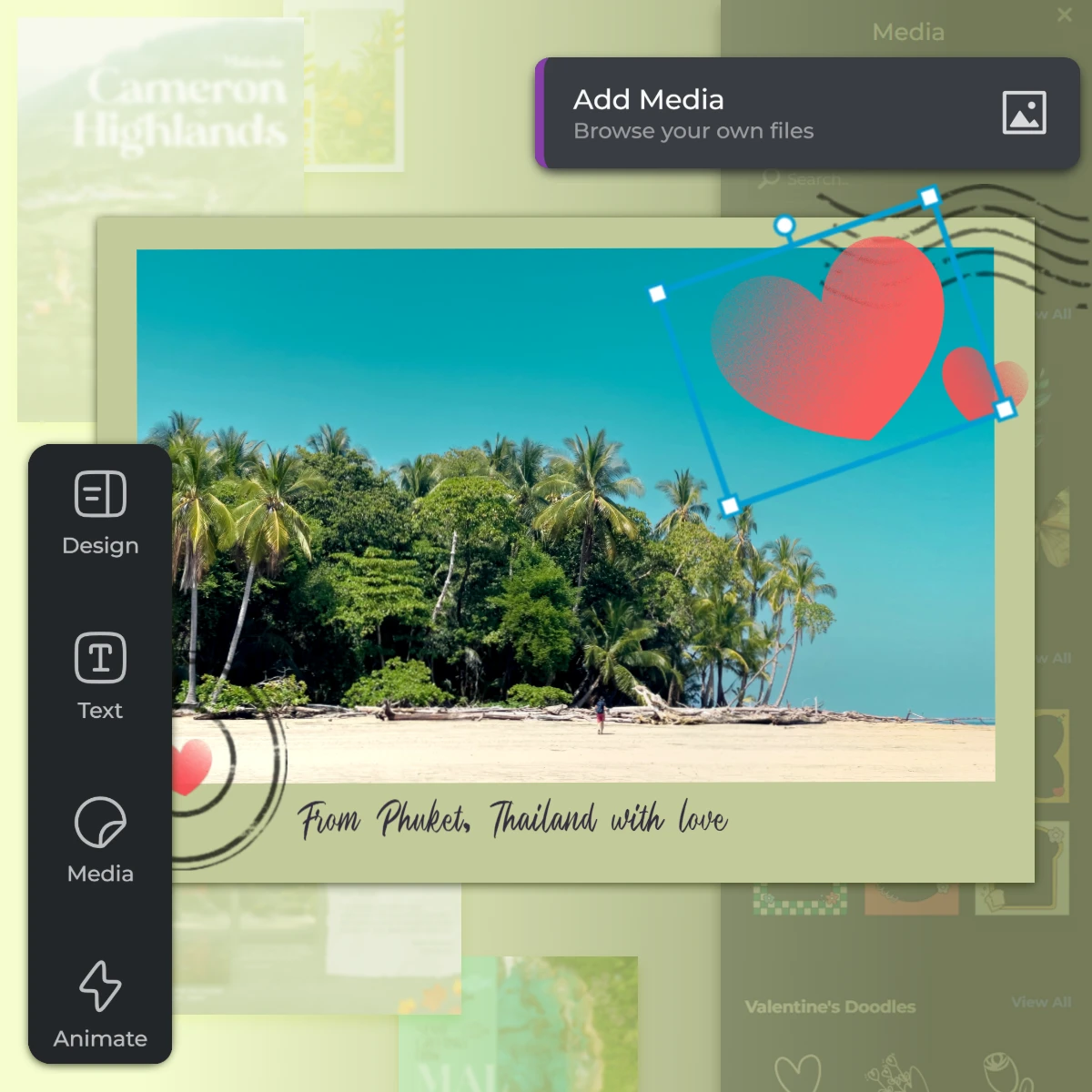 Postcard editor interface Tropical beach scene Palm trees sandy shore From Phuket Thailand with love text Red heart graphic Design Text Media options