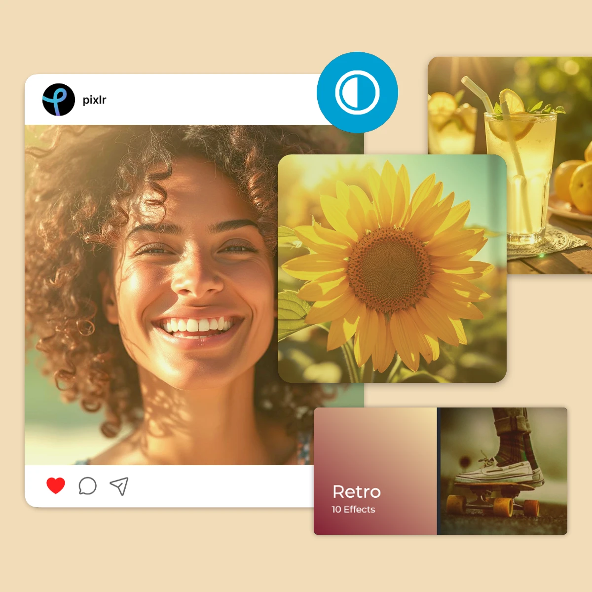 Interface of a photo editing app with images of a sunflower, a drink, and a skateboard.