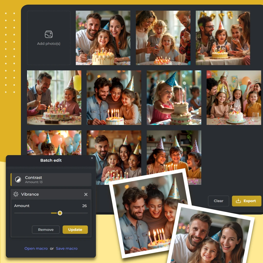 Screenshot of a photo editing app with multiple birthday party images being batch edited.