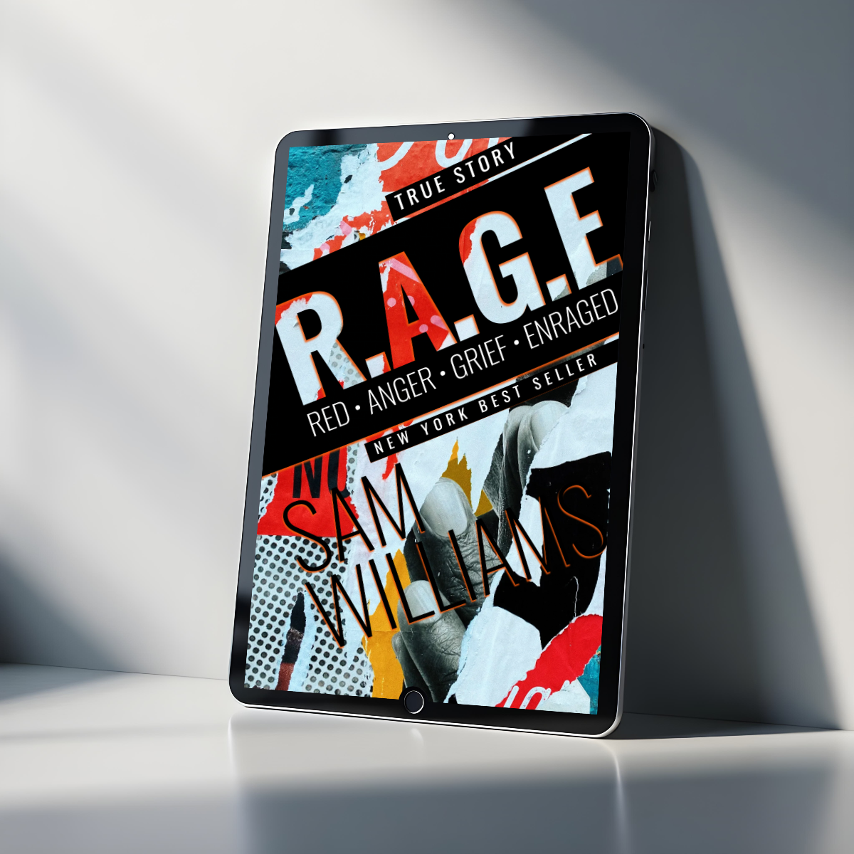 Tablet displaying book cover for RAGE. True story about anger, grief, enragement. New York bestseller with abstract art design. Red, white, black color scheme. Placed on white surface with shadow.