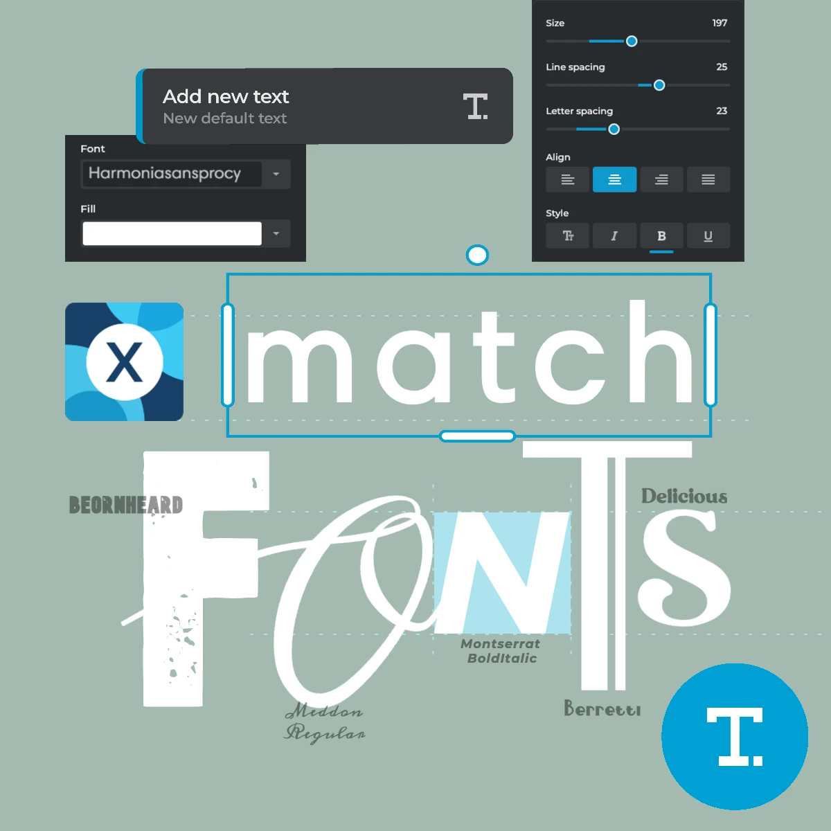 Graphic design themed image showcasing different fonts with editing options and tools visible.