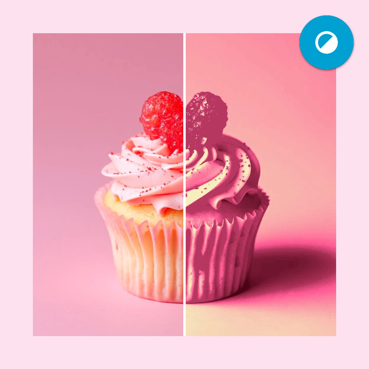 Split image of a cupcake, with one half in natural color and the other in a pink hue.