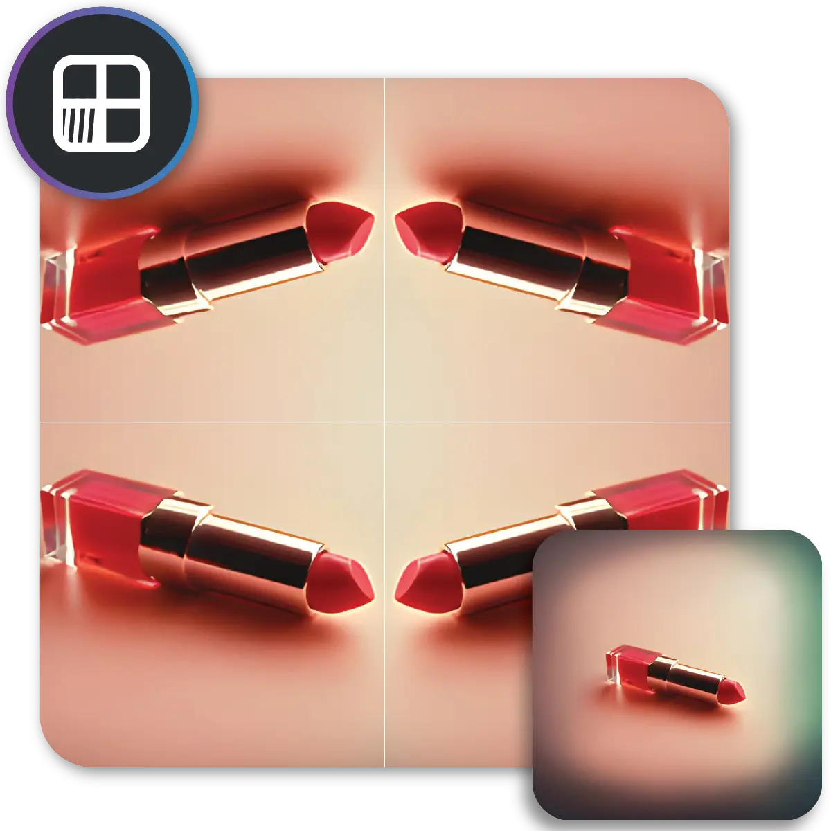 Four mirrored images of a red lipstick with blurred background.