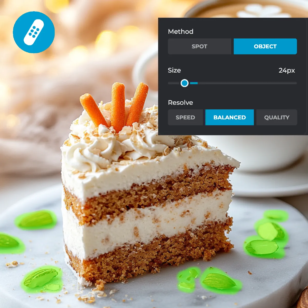A slice of carrot cake topped with orange candy carrots and cream, surrounded by green jelly pieces, on a marble plate.