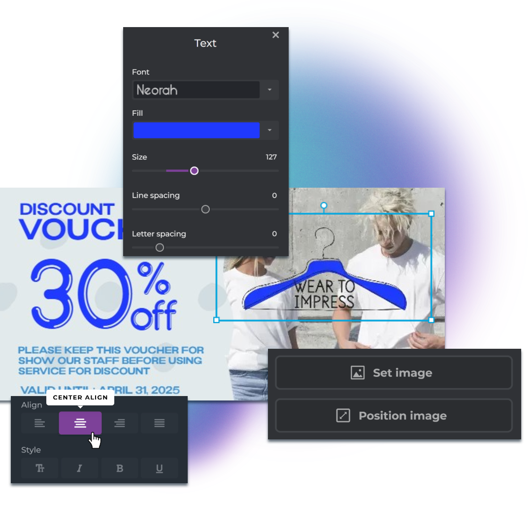 An interface displaying a discount voucher design with text options, including font, color, and alignment settings. A hanger graphic is included.