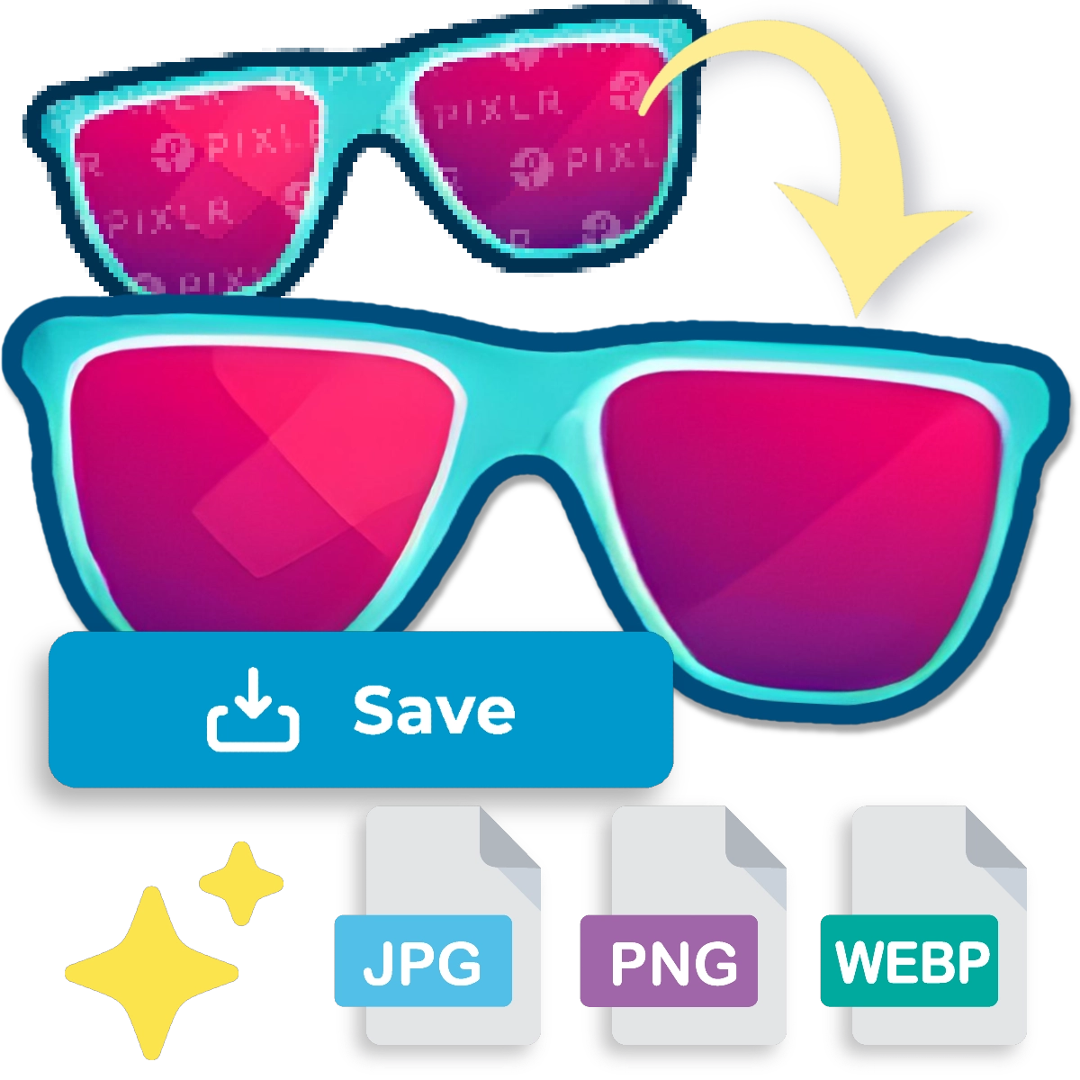 Two pairs of sunglasses Teal frames Pink lenses Arrow pointing down Save button File format options JPG PNG WEBP Yellow sparkle icons Black background
