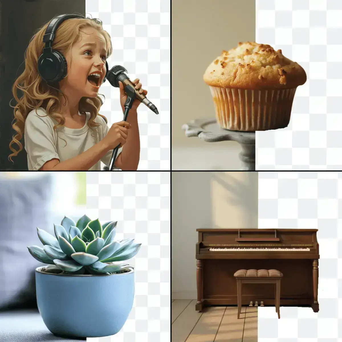 Collage of a child with headphones and microphone, a muffin, a succulent plant, and an upright piano.