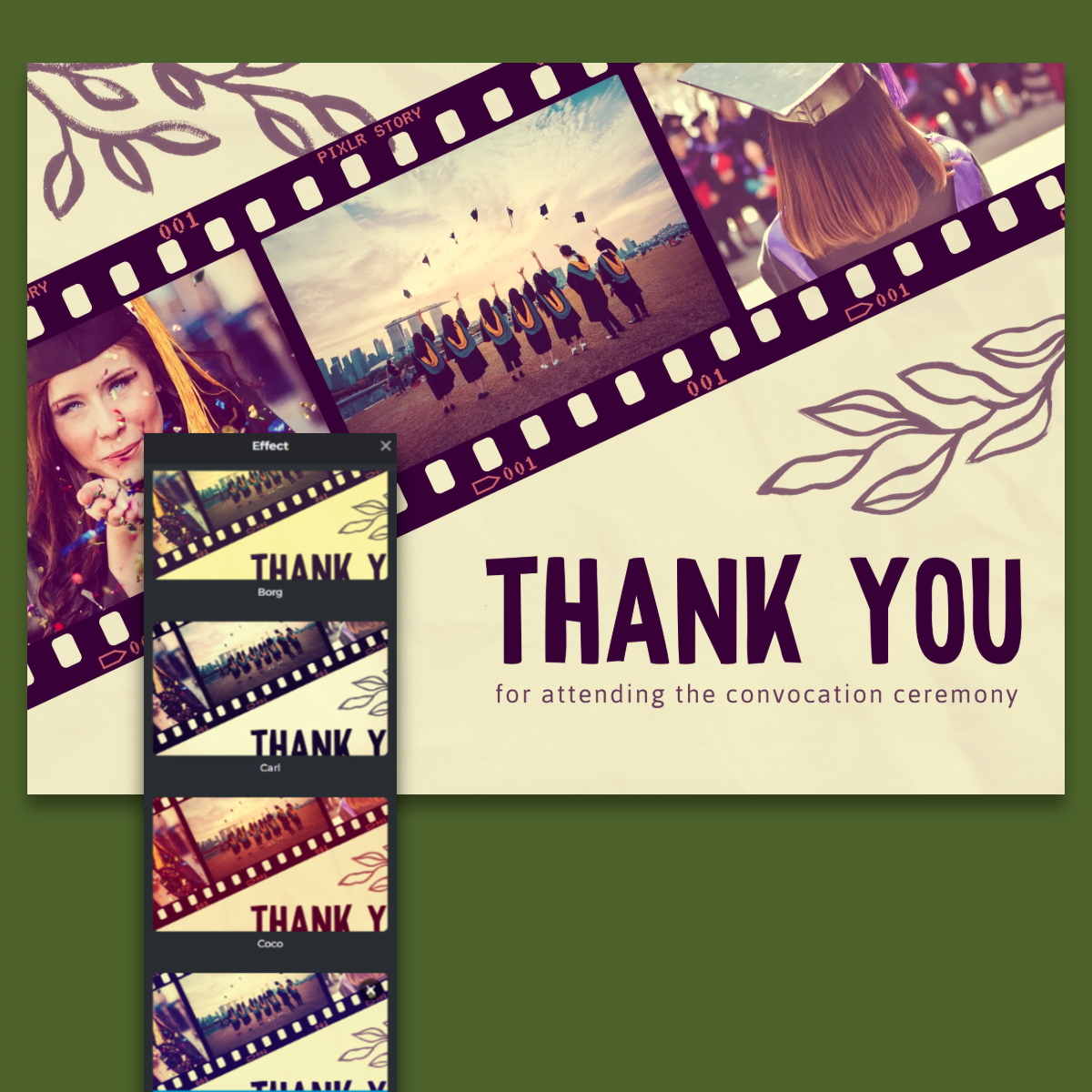 Thank you card for convocation ceremony. Film strip design with graduate photo and group beach image. Purple text on cream background. Decorative leaf motif. Effect selection panel visible.