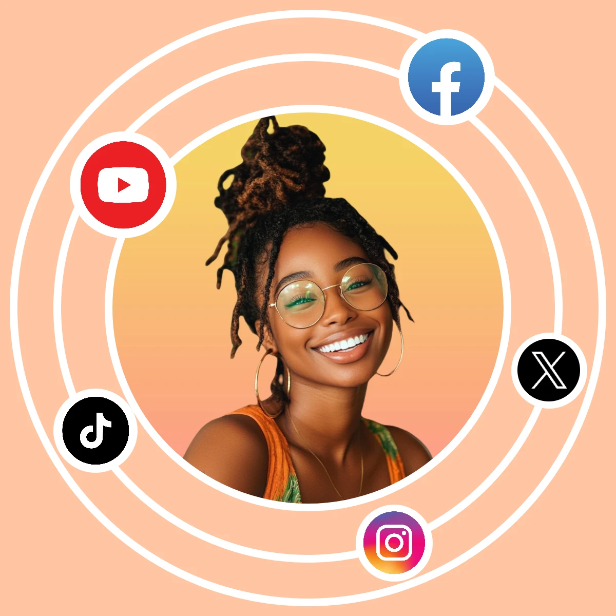 Person with dreadlocks surrounded by social media icons on a peach background.