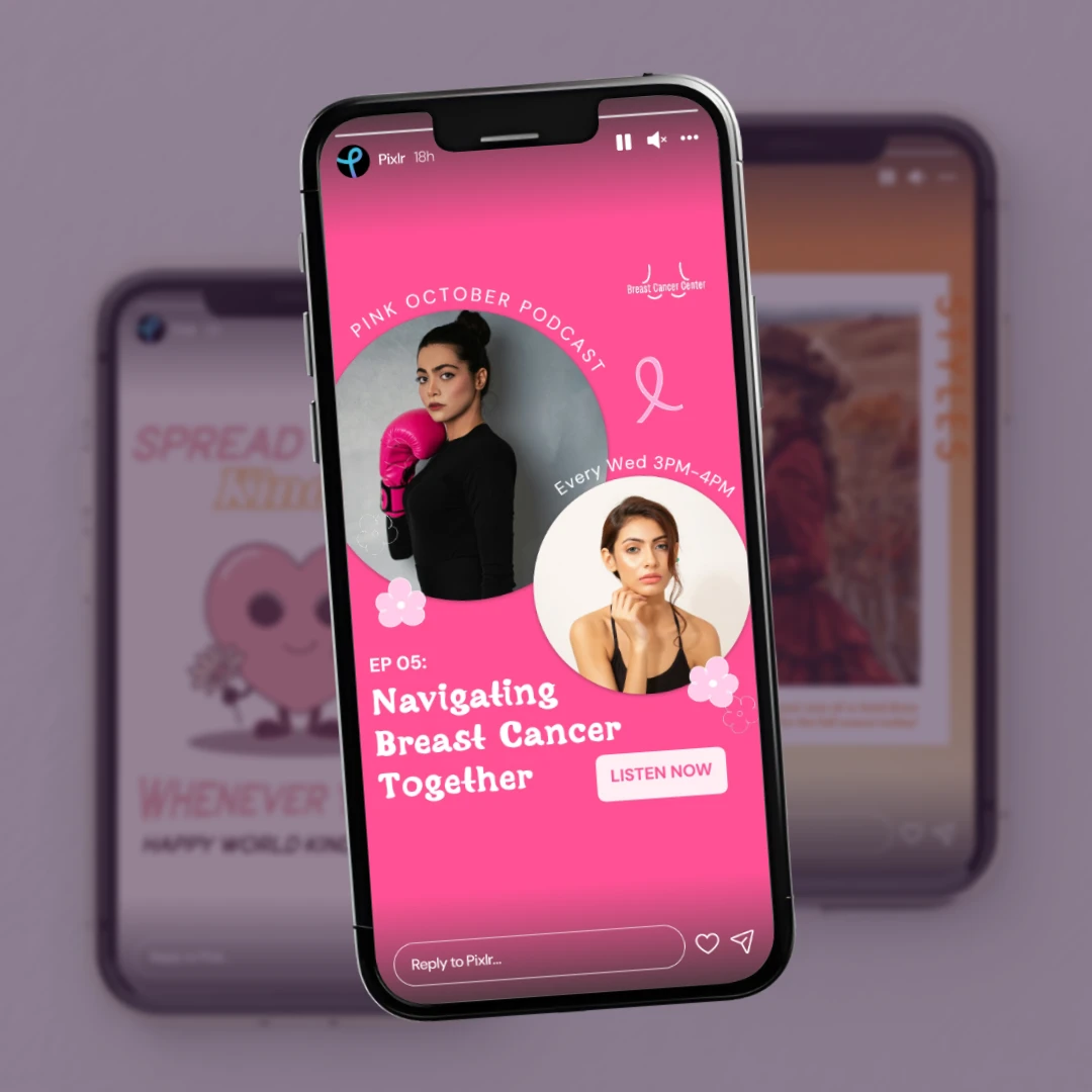 Smartphones displaying a Pink October Podcast advertisement about breast cancer.