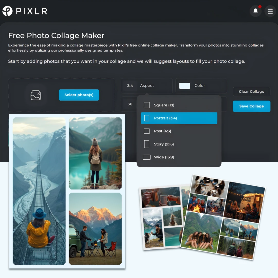 Screenshot of Pixlr's Free Photo Collage Maker interface with options and a collage preview.