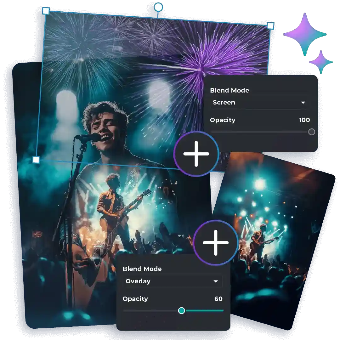 Graphic design interface showing layer editing with a concert and fireworks image combination.