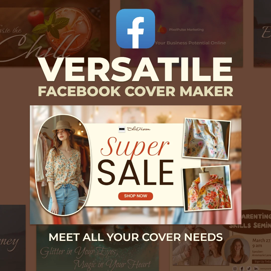 Promotional graphic for a Facebook cover maker tool with text 