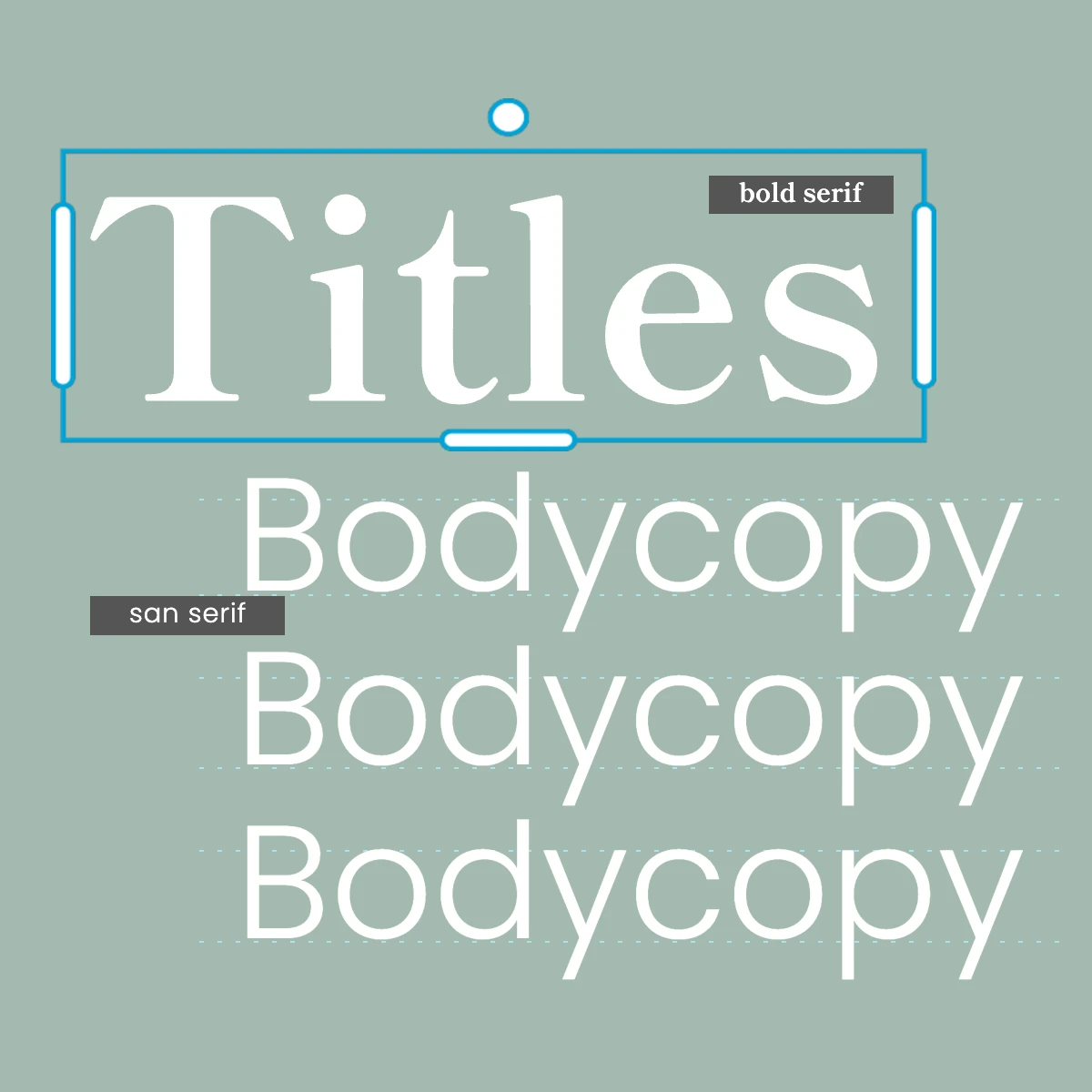 Graphic design layout showcasing font styles for titles and body copy with annotations.