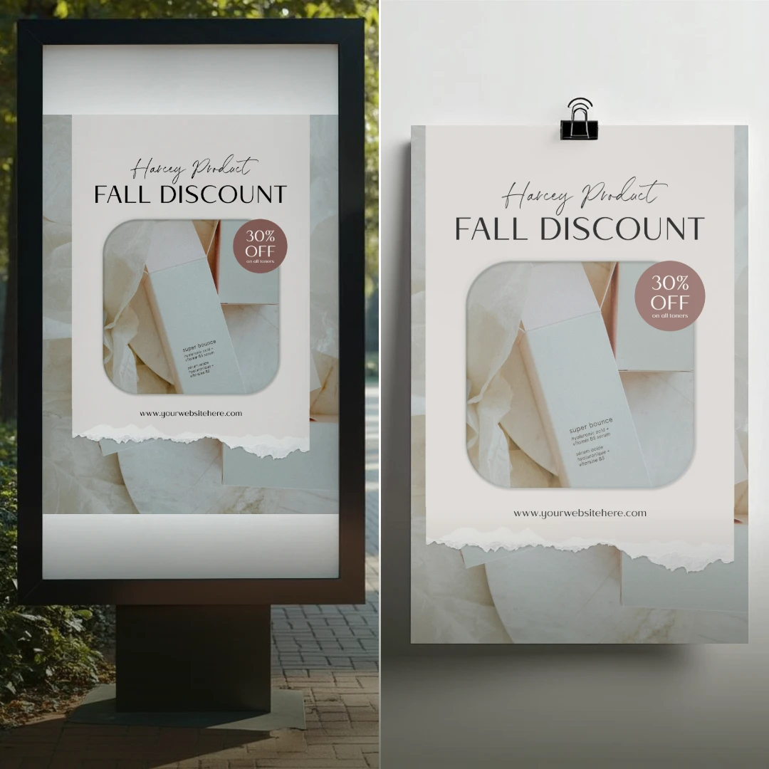 Promotional poster featuring a skincare product, offering a 30% fall discount, displayed on a street billboard and wall.