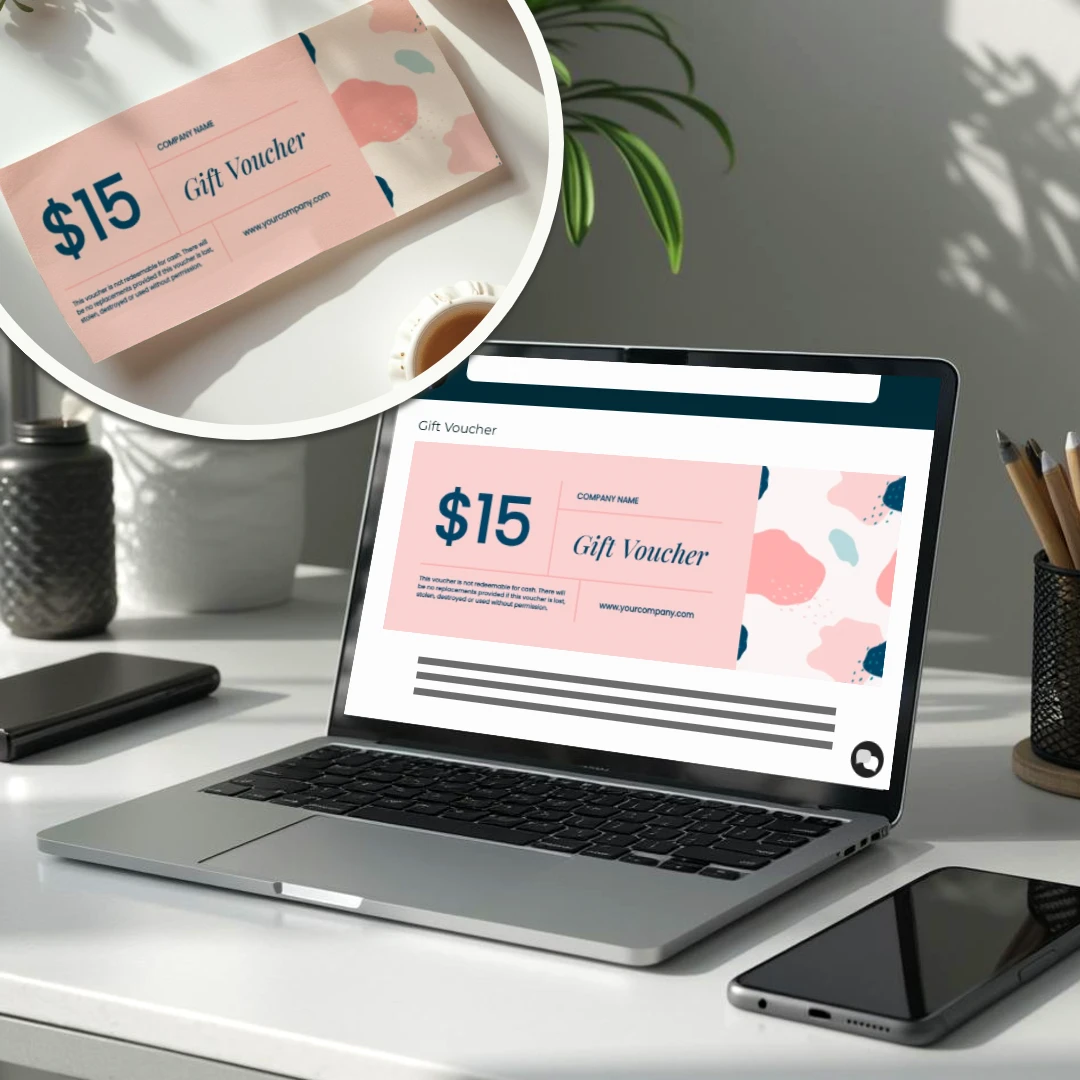 A $15 gift voucher displayed on a laptop screen and in print, featuring a modern, colorful design and company details.